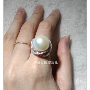 北海天然珍珠纯银花朵戒指面包圆超大13mm珍珠戒指可调节