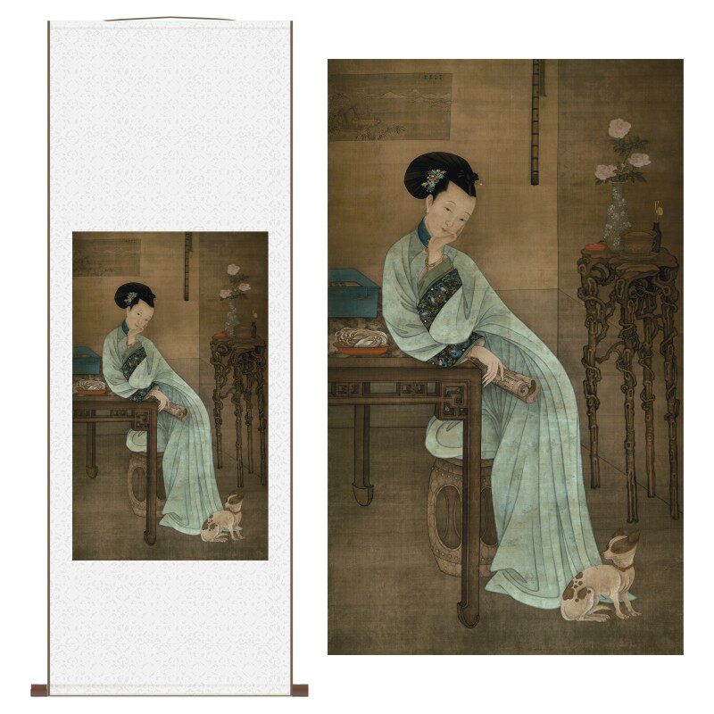 清&middot;冷枚《春阁倦读轴》国画芯清代仕女读书工笔国画高清打印吖呼