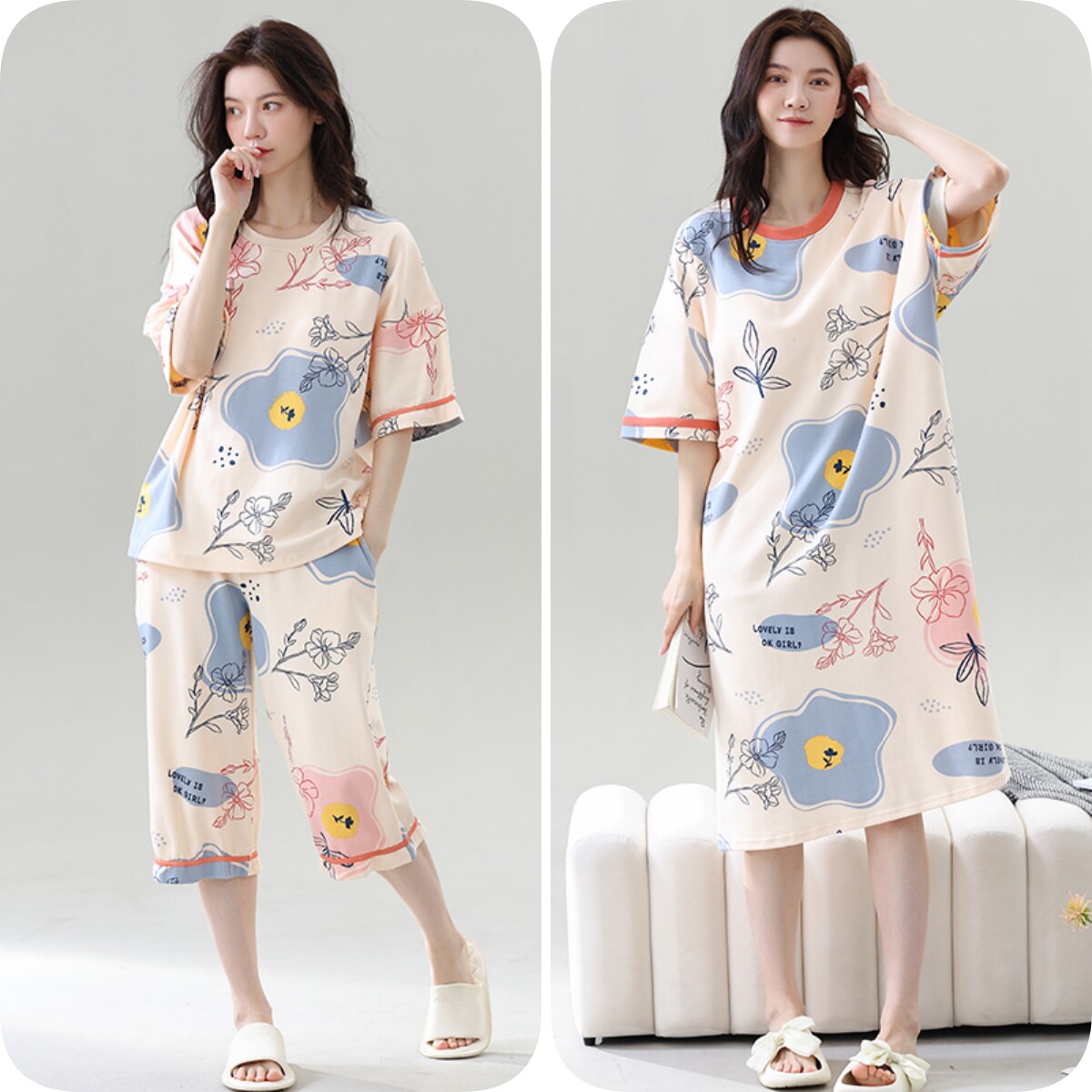 夏季纯棉带胸垫睡衣三件套大码