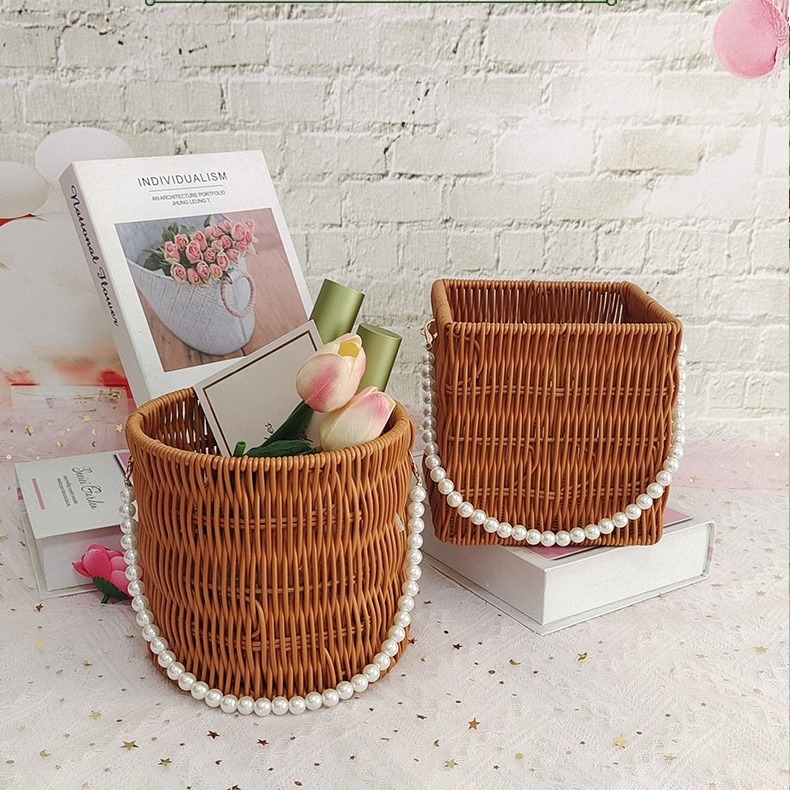 手提花篮编织圆形方形古风装饰礼物篮结婚伴手礼盒藤编生日礼物篮