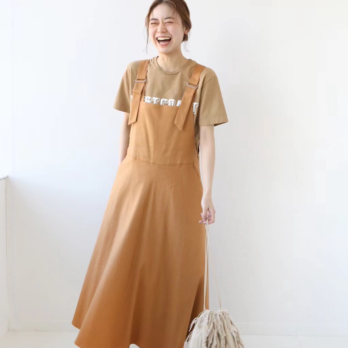 日本原单js松弛感减龄显瘦 亚麻女士裙子宽松背带裙