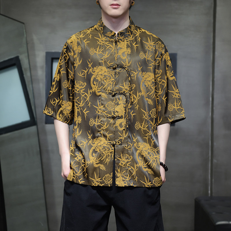 夏季风冰丝短袖衬衫男士休闲盘扣唐装提花中袖衬衣男D915P65,男装衬衫,星座312B-2