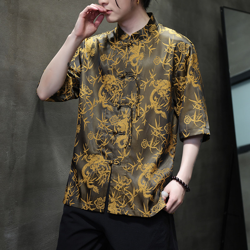 夏季风冰丝短袖衬衫男士盘扣提花中袖衬衣D915P65,男装衬衫,星座312B-2