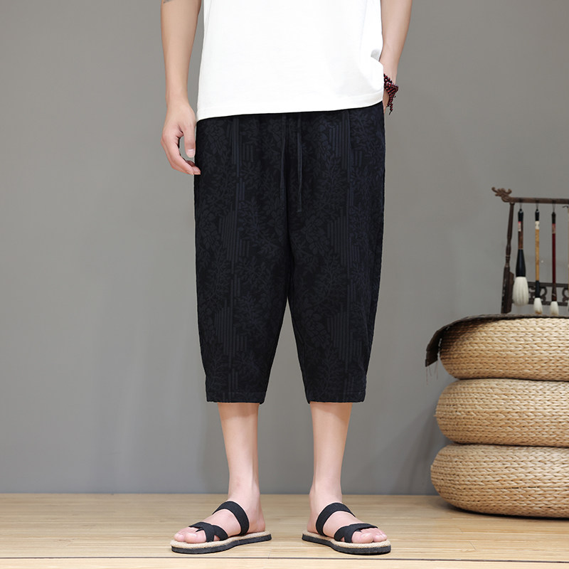 风潮大码提花棉麻休闲裤直筒宽松痞帅男款七分裤D934P60,男装休闲裤,星座312B-2