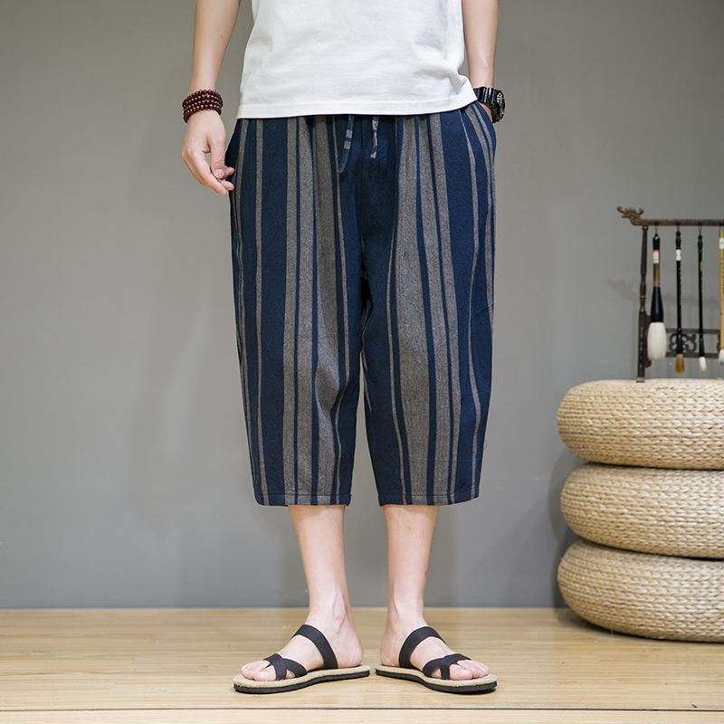2023夏季新款多色条纹风棉麻休闲七分男裤D725P55，男装休闲裤，星座312B-2