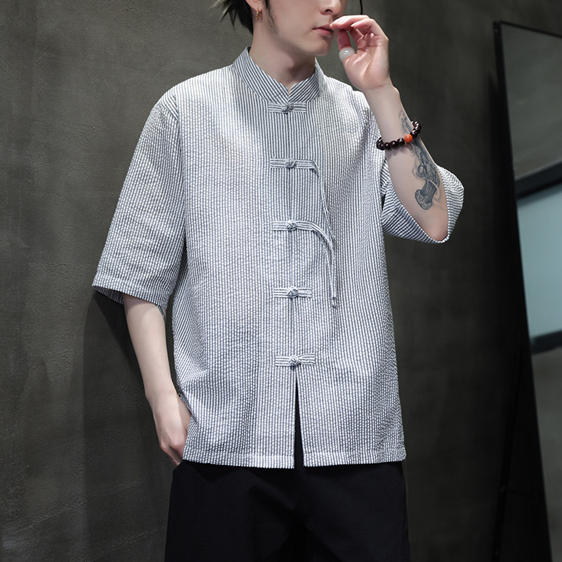 2025男款风条纹衬衫夏季盘扣衬衣棉麻短袖D917P50,男装衬衫,星座312B-2