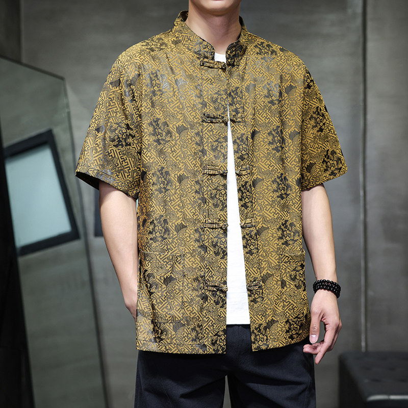2025新款风几何提花冰丝手工盘扣短袖男衬衫D1101P65,男装衬衫,星座312B-2