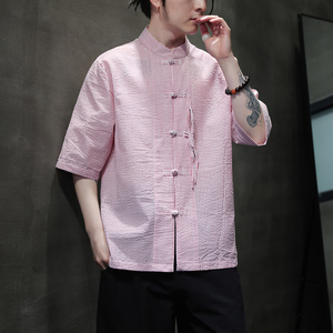2025男款风条纹衬衫夏季盘扣衬衣棉麻短袖D917P50图片