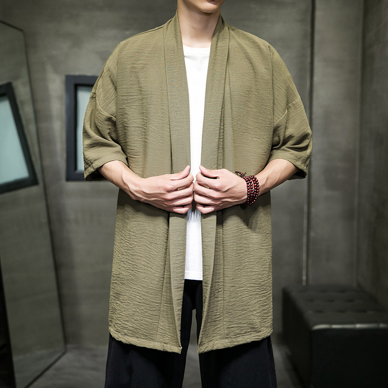 2023夏季新风冰丝棉麻短袖微皱风格男士开衫披肩外套D854P65,男装民族服装,星座312B-2
