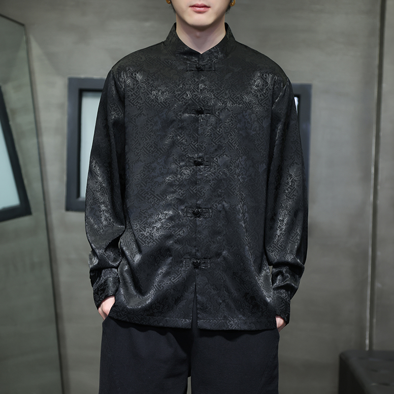 新中式立领盘扣长袖衬衫男唐装春秋季国潮外套中国风宽松D914P70