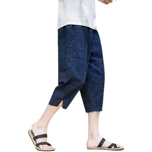 2023夏季新款提花棉麻风休闲男裤宽松七分裤D722P60图片