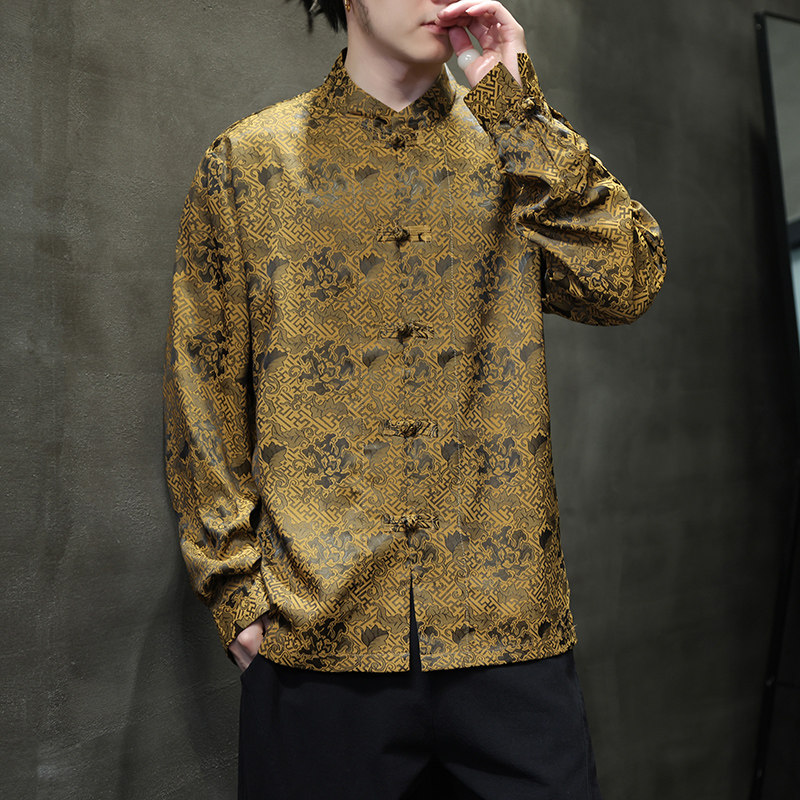 新中式立领盘扣长袖衬衫男唐装春秋季潮外套中风宽松D914P70,男装民族服装,星座312B-2