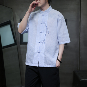 2025男款风条纹衬衫夏季盘扣衬衣棉麻短袖D917P50图片