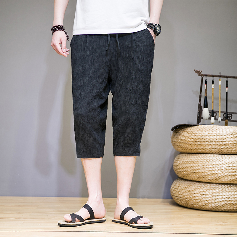 2023夏季冰丝风时尚潮流高端褶皱棉麻男裤七分裤D763P55，男装休闲裤，星座312B-2