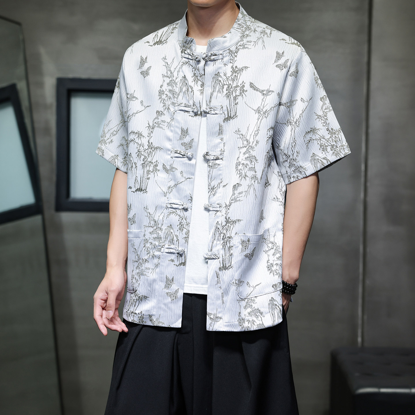 2026夏季新款中国风男款提花盘扣短袖衬衫D1003P65