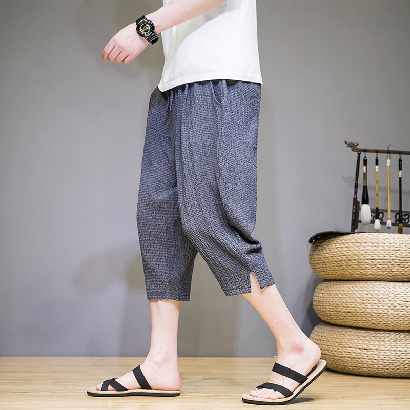 2023夏季冰丝风时尚潮流高端褶皱棉麻男裤七分裤D763P55，男装休闲裤，星座312B-2