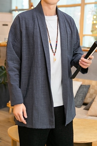 秋季男开衫外套宽松风立体暗纹汉服亚麻长袖披风秋衣D610P75图片