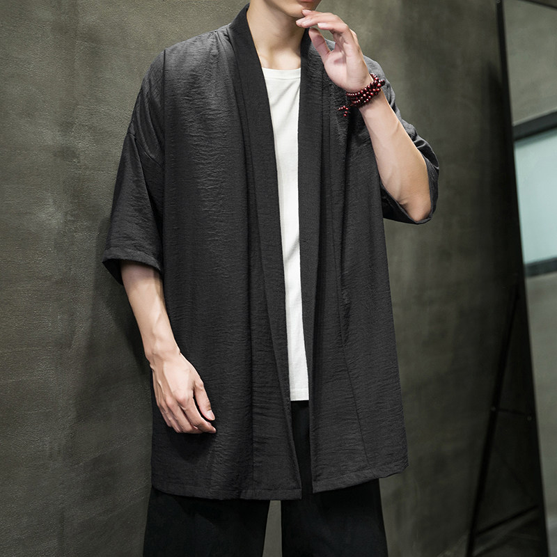 2023夏季新风冰丝棉麻短袖微皱风格男士开衫披肩外套D854P65,男装民族服装,星座312B-2