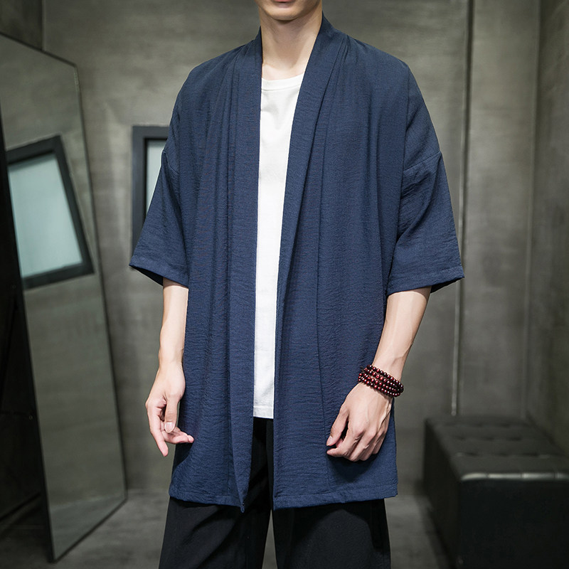 2023夏季新风冰丝棉麻短袖微皱风格男士开衫披肩外套D854P65,男装民族服装,星座312B-2