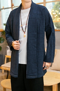 秋季男开衫外套宽松风立体暗纹汉服亚麻长袖披风秋衣D610P75图片