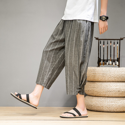 夏季男款中国风棉麻条纹7分裤