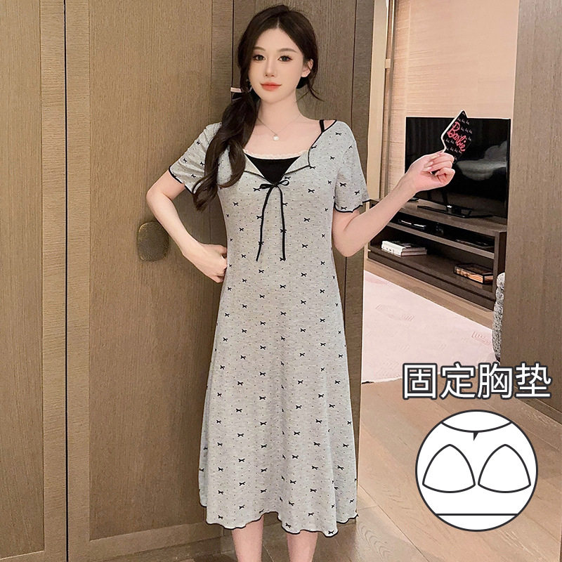 莫代尔睡裙女带胸垫夏中长款