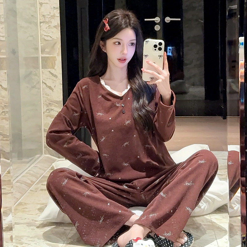 羊绒睡衣女春秋休闲长袖长裤套装