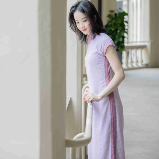 liz旗袍|书堇|一片式全通宽绲短款日常少女平裁40s纯棉粉紫古法