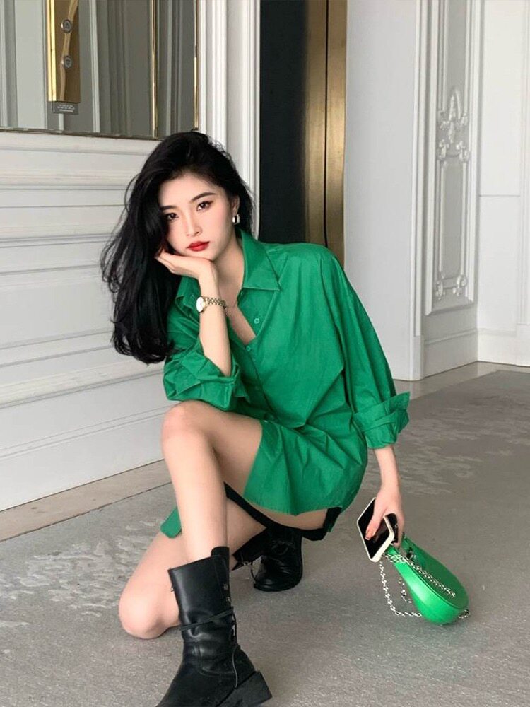 复古绿显白衬衫御姐范儿气质上衣