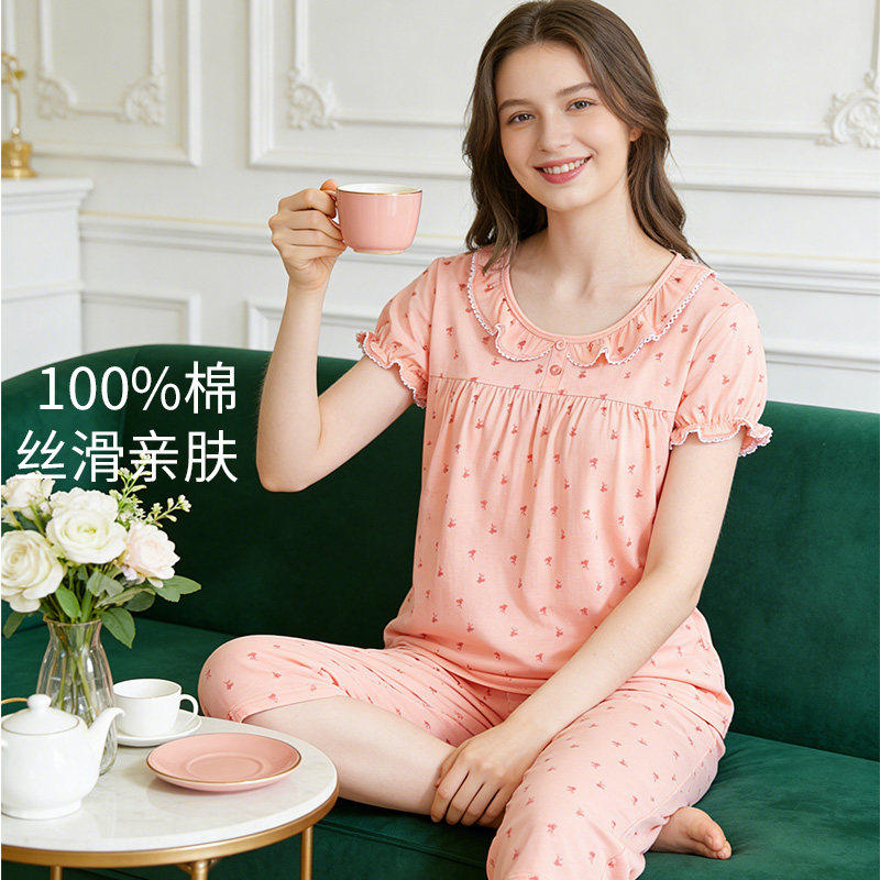 韩彩女士纯棉短袖中裤家居服套装全棉夏季薄款睡衣学生碎花可外穿