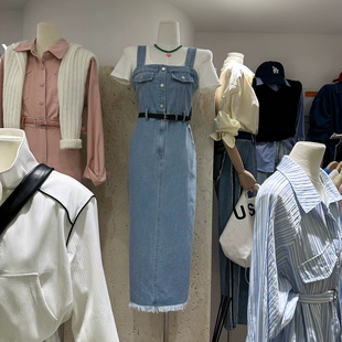 新款 韩版 2023春季 休闲显瘦百搭高腰水洗牛仔裙背带连衣裙长裙女潮