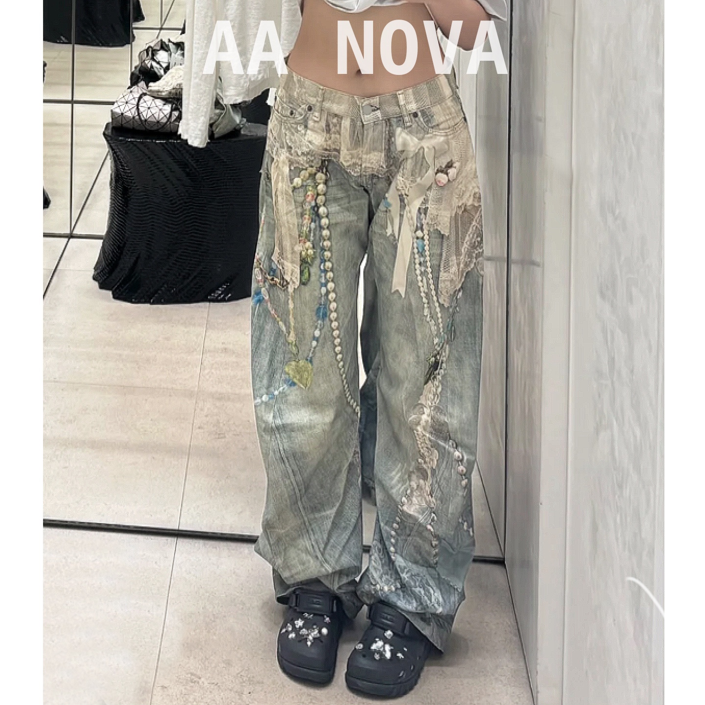 A Nova OF 25SS 早秋新款3D打印蕾丝珍珠链条牛仔长裤