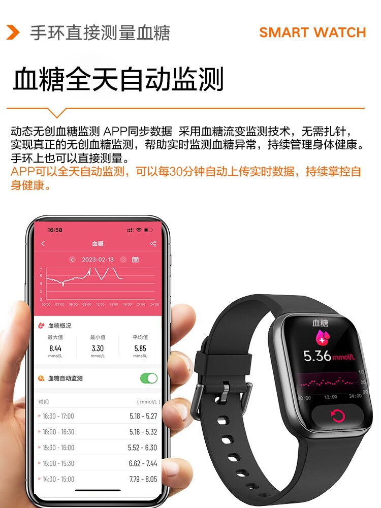 완전 자동 비침습 혈당 측정 시계 혈압 심박수 혈액 산소 팔찌 홍콩 마카오 및 대만[번체 한자 포함]