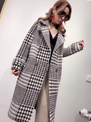 千鸟格气质西装领加厚水貂绒休闲宽松长款保暖大衣时尚格子女装