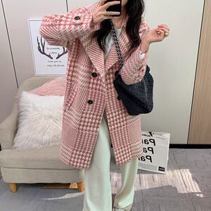 水貂绒新款长款2023格子秋冬宽松千鸟格外套加厚大衣中长款韩版
