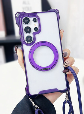磁吸旋转支架适用三星s25ultra手机壳带挂绳s24+斜挎可背s23fe肩带s22U指环A16透明55a54新款A35防摔5G保护套