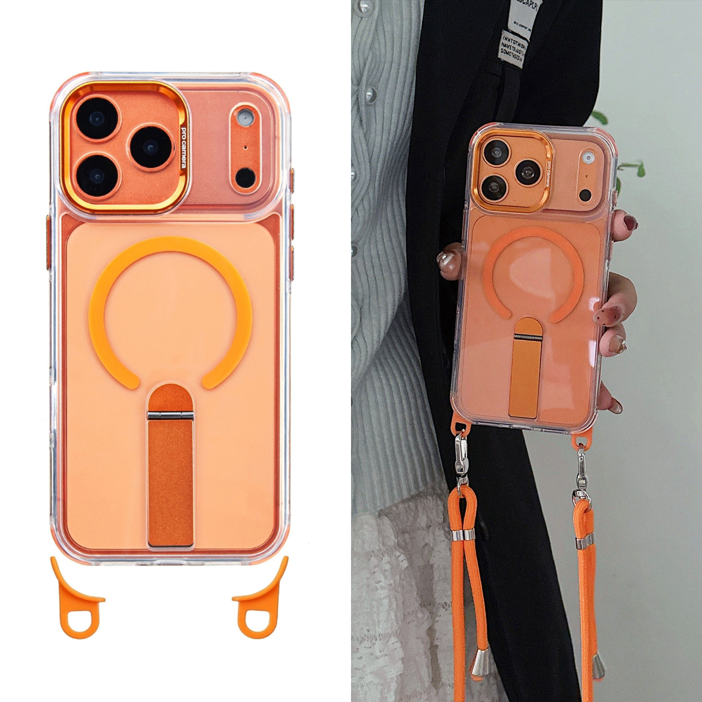 高级透明磁吸带支架适用苹果17pro手机壳带挂孔挂绳iPhone16promax斜挎15pm防摔14挂脖式i13侧挂吊绳外壳2026