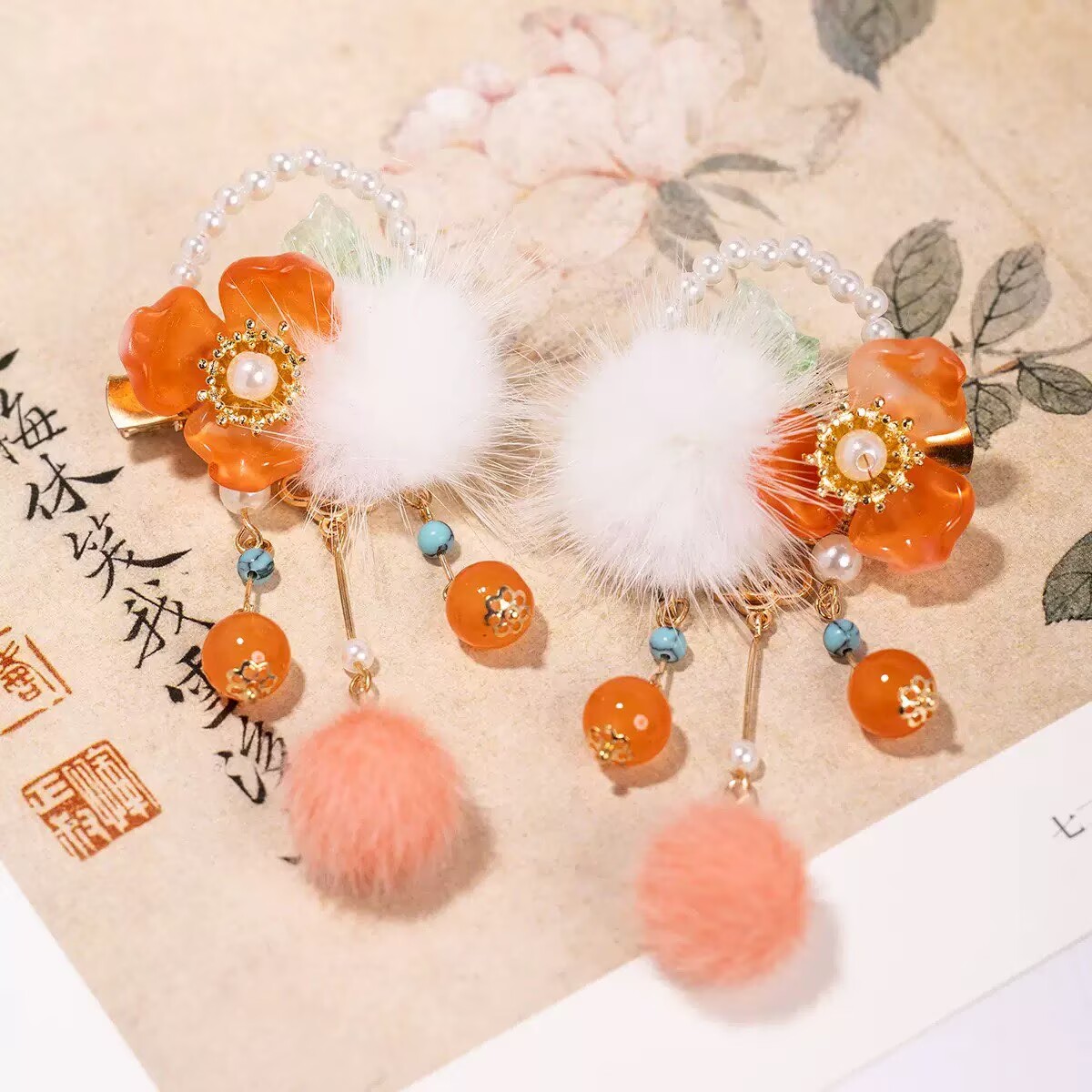 汉服女童冬款儿童古风仙气毛球水晶对夹女孩搭配国风襦裙头饰发饰