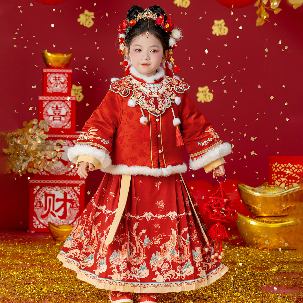 汉服女童2025冬款儿童红色喜庆加绒马面裙套装女孩重工刺绣拜年服,童装/婴儿装/亲子装,汉服,淘宝优惠券,粉丝福利购,淘宝优惠卷