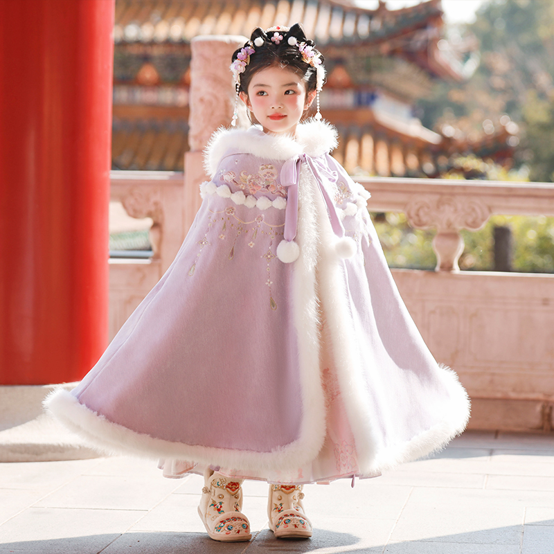 汉服女童冬款儿童高端古风仙气中长款大斗篷女宝加绒加厚披风外套