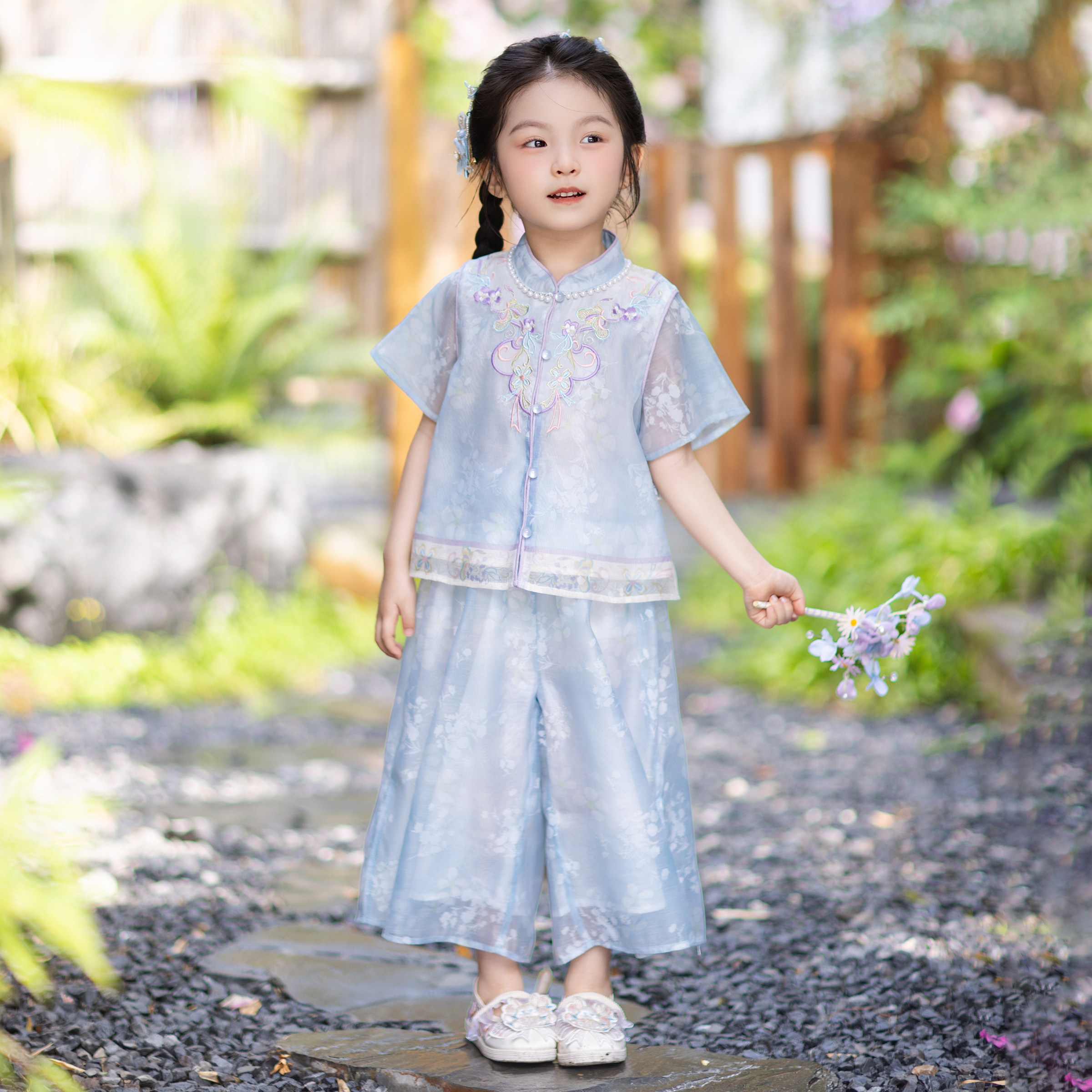 汉服女童2026夏款儿童新中式国风仙气短袖裤子套装小女孩古风唐装图片