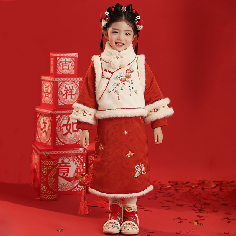 汉服女童2025冬款儿童加厚拜年服套装女孩中国风马甲旗袍裙两件套