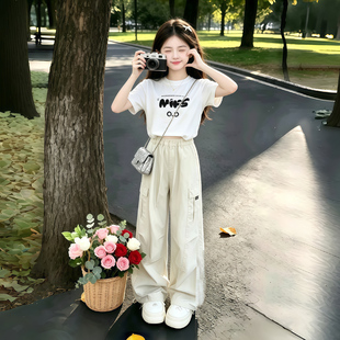 女童夏季套装2026新款中大童圆领短袖T恤中大童阔腿奶芙裤两件套