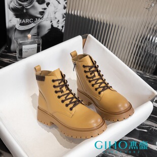 杰豪女鞋真皮大黄靴马丁靴2023新款冬季加绒机车短靴2346315E正品
