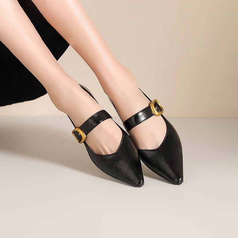 杰豪女鞋真皮尖头低跟一字扣带单鞋女2025春夏季新款玛丽珍鞋正品