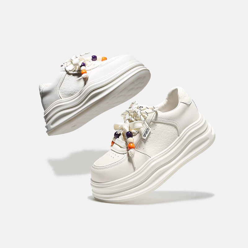 杰豪女鞋2025新款真皮厚底休闲板鞋内增高舒适百搭小白鞋专柜正品