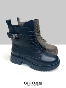 杰豪女鞋真皮马丁靴女2023新款加绒短靴女秋冬季厚底2300120E正品