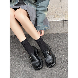 真皮厚底乐福鞋 正品 女2025新款 百搭单鞋 英伦风黑色小皮鞋 杰豪女鞋