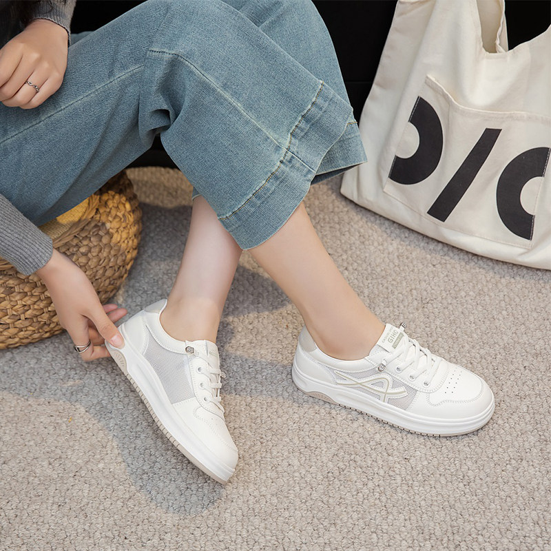 杰豪女鞋2025秋季新款真皮网面休闲板鞋女小白鞋舒适透气专柜正品