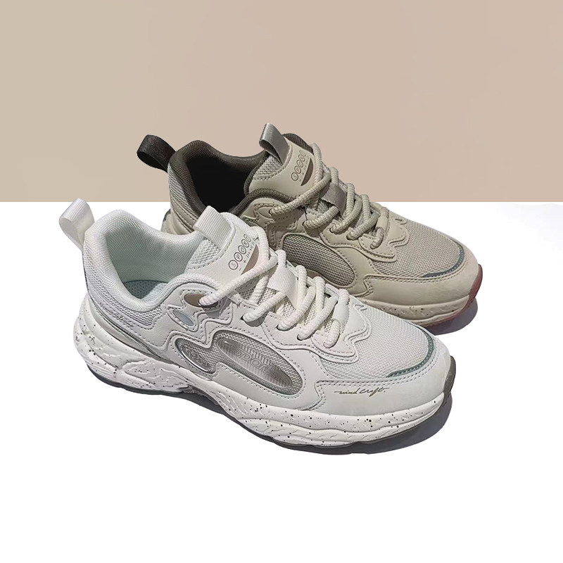 杰豪女鞋真皮网面运动鞋女2024新款老爹鞋休闲鞋舒适百搭厚底正品